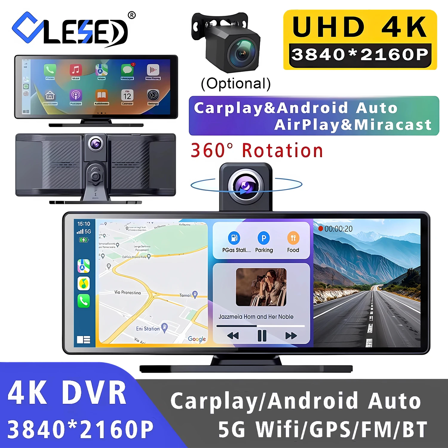 

10,26-дюймовый 4K 3840*2160P автомобильный видеорегистратор с Carplay и Android Auto, GPS, 5G Wi-Fi, FM, Bluetooth, двойной камерой и функцией записи вождения