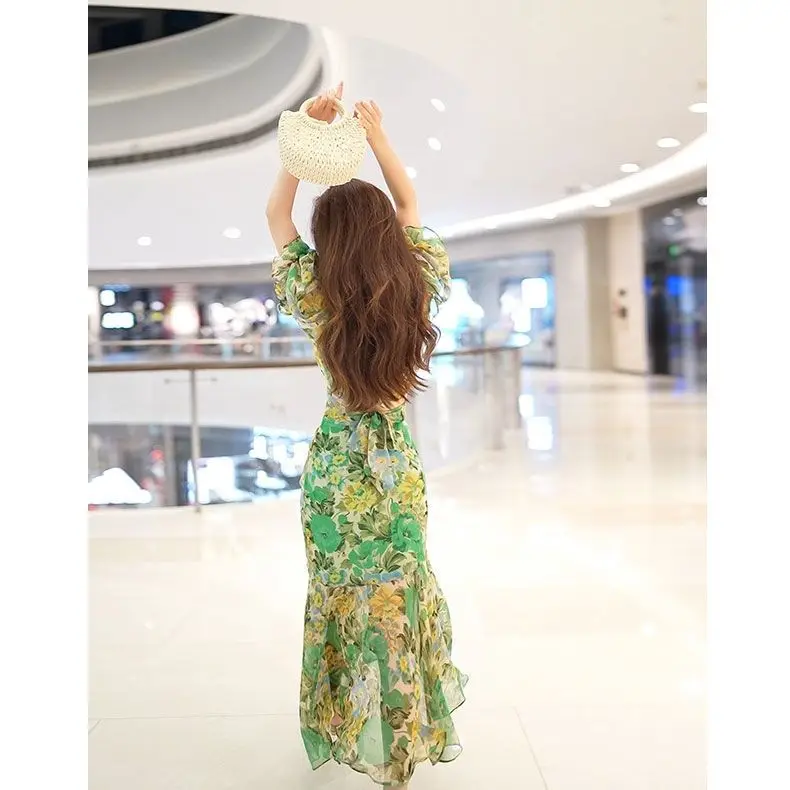 New Summer Fashion Style Waist-hugging Dress 2025 Dark Green Printed Skirt