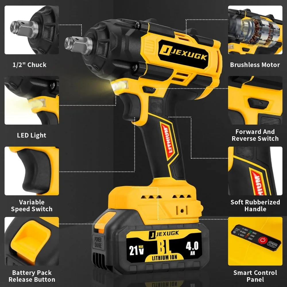 850N.m Cordless Impact Wrench Set, 1/2 Inch 640Ft-lbs 21V Brushless Impact Gun, Llave De Impacto W/ 2 X 4.0Ah Battery