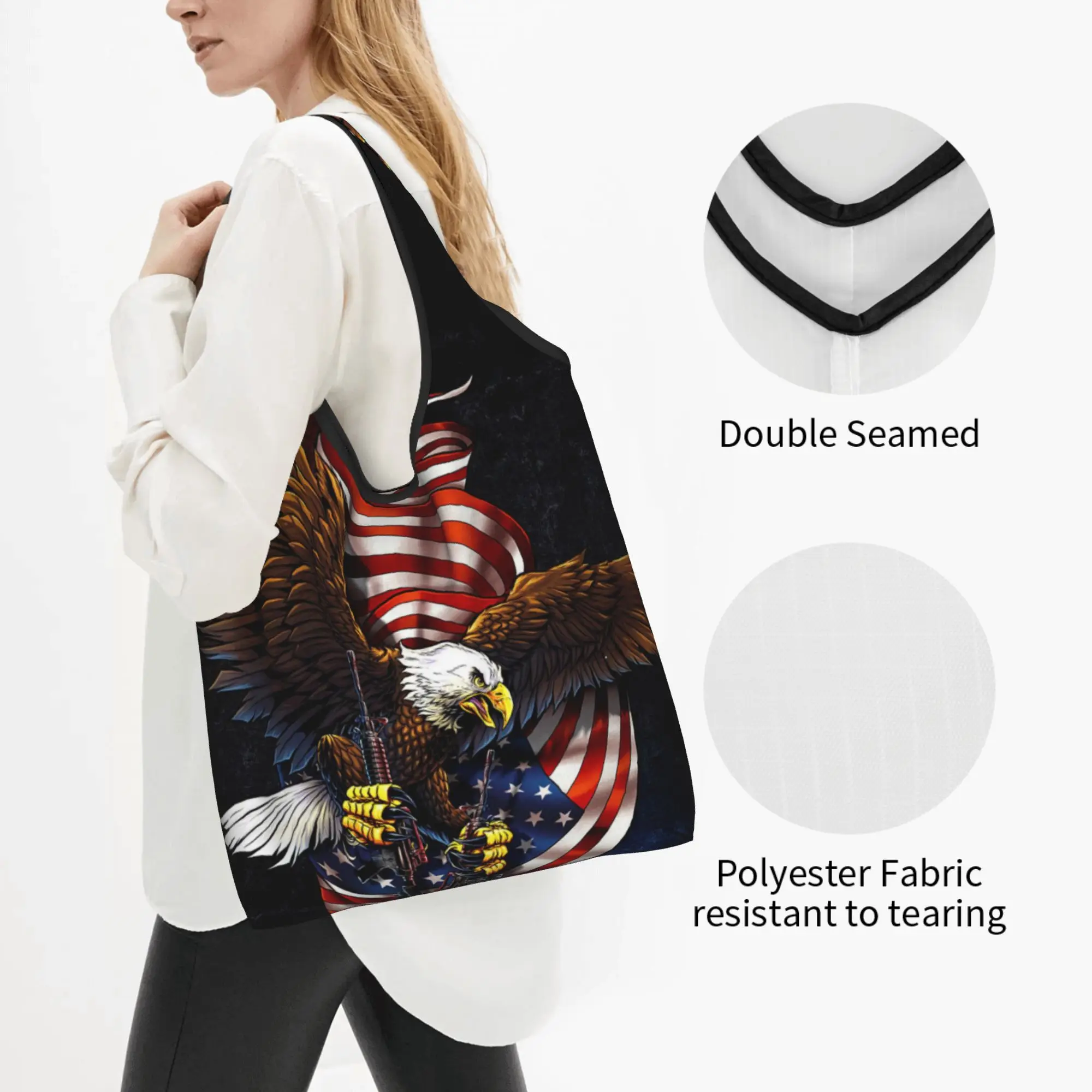 Patriotic USA Flag American  Eagle Grocery Shopping Bags Funny Shopper Tote Shoulder Bags Large Capacity Portable  Handbag