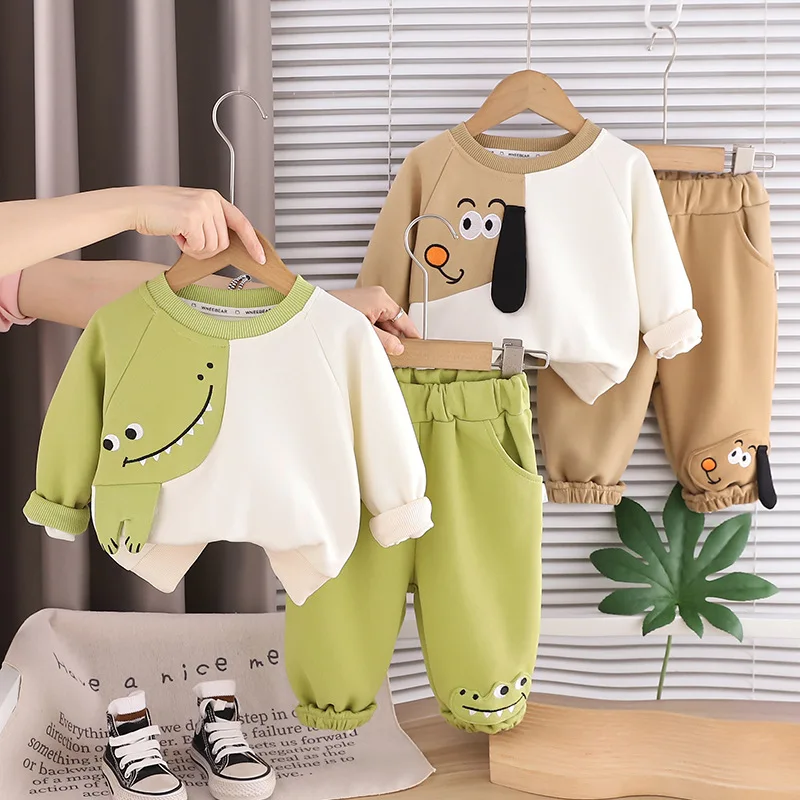 2026 Spring Autumn New Baby Boys Clothing Set Patchwork Cartoon Dinosaur Sweatshirt+Pants 2Pcs Suit For 1-5Y Kids Casual Outfit