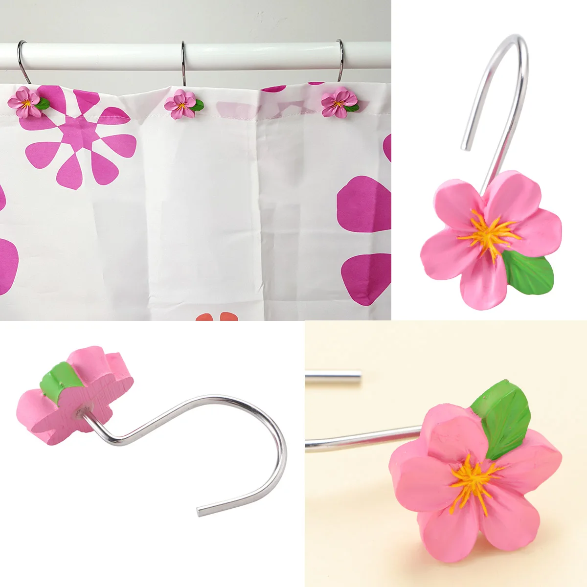 

12Pcs Shower Curtain Hooks Resin Flower Design Curtain Hangers Tieback Wall Hooks for Bathroom Bedroom