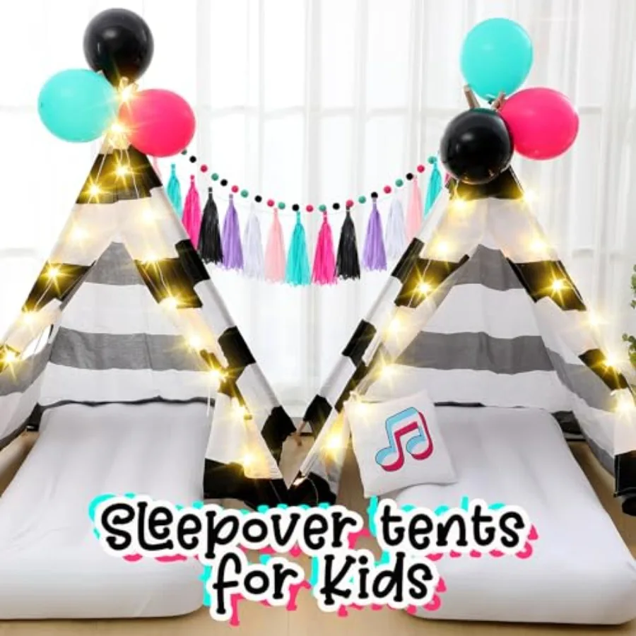 4er-Pack Tipi-Zelte für Kinder, Pyjama-Party mit Luftmatratze, Licht, Kissen, Musik-Thema, Schlaf-Zelte für Mädchen-Party, natürliches C