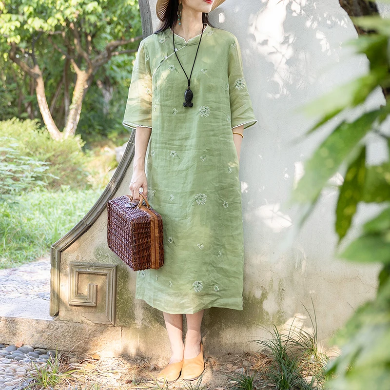 

Улучшенное новое китайское платье Cheongsam, женское осеннее новое хлопково-льняное длинное платье Ципао с принтом, зеленая традиционная одежда