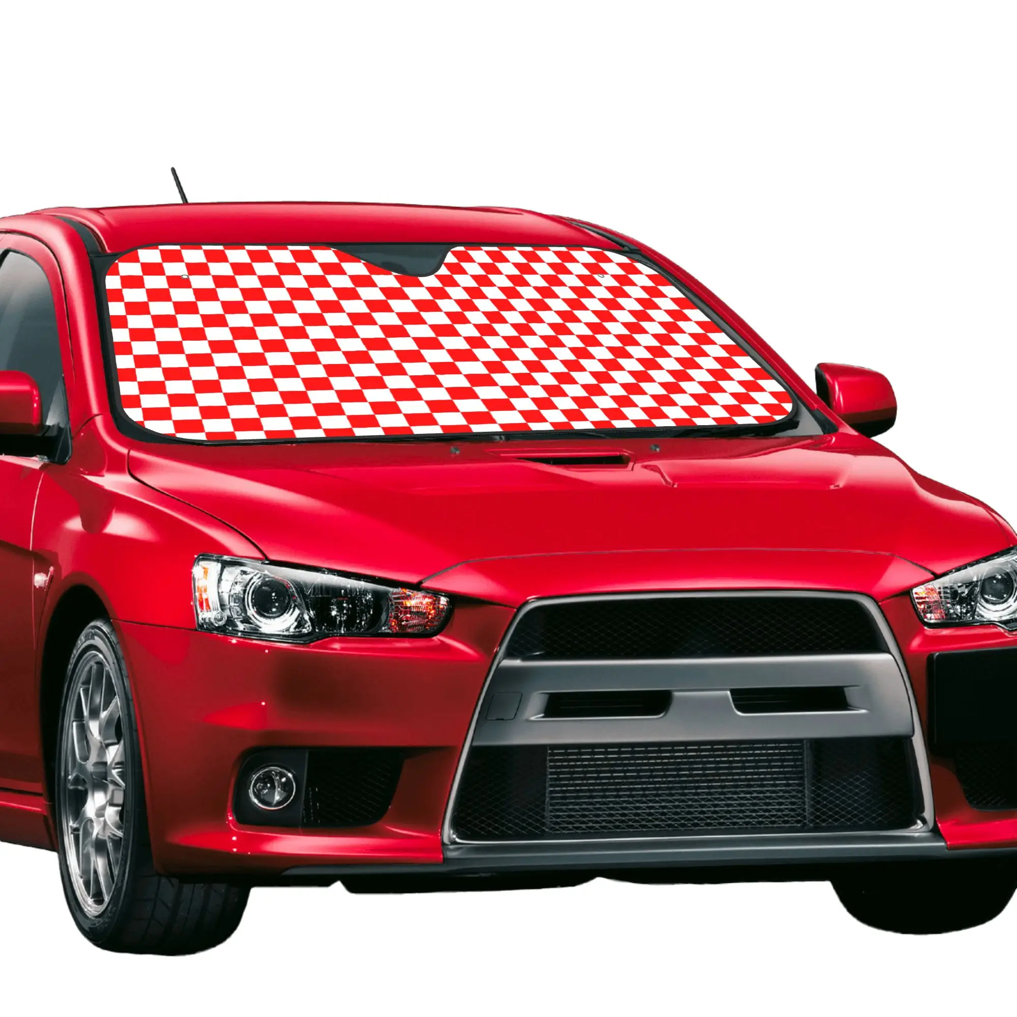Red and White Checkerboard Plaid Car Front Windshield Sun Visor Heat Insulation  UV Protection Portable Aluminum Foil Auto Visor