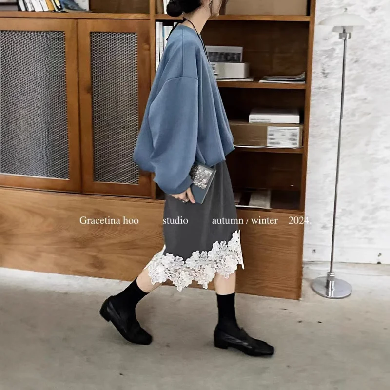 Women Lace Stitching Straight Woolen Skirt with Fashion Loose Versatile Sweet Elegant Casual Small Fragrance Grey Lady Skirt