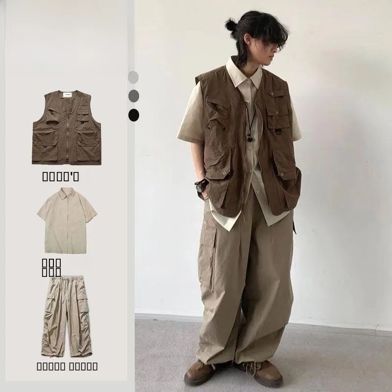 

Комплект: тактический жилет и брюки унисекс, весна-осень, в японском ретро-стиле, рабочая одежда, камуфляжный жилет