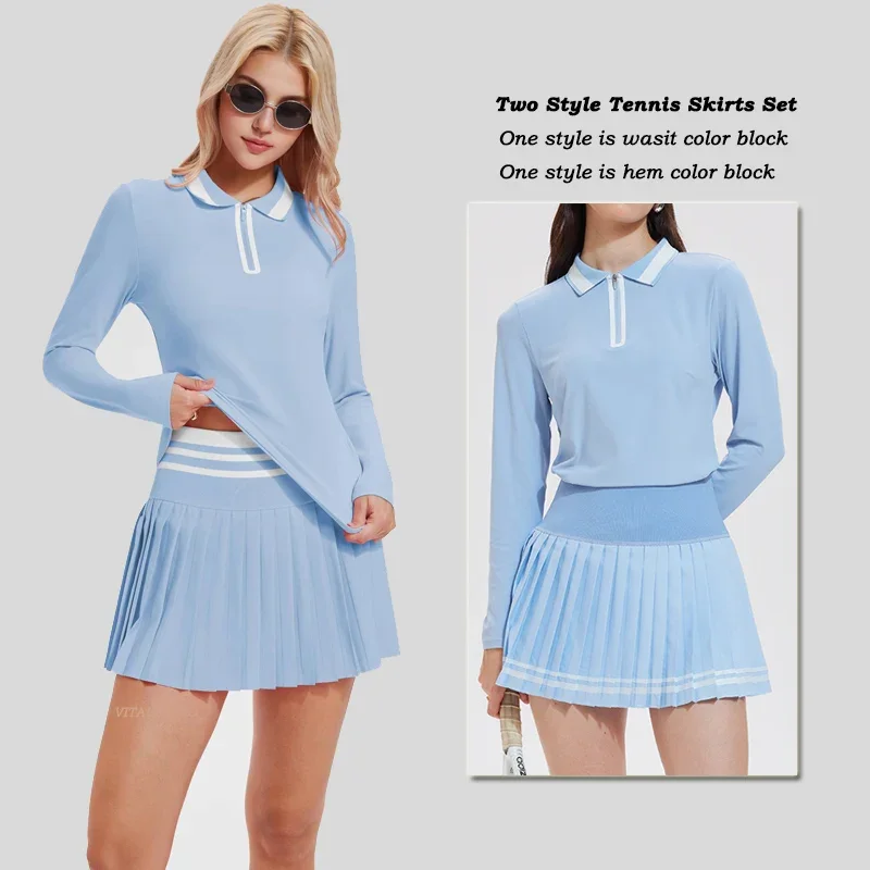 VITALINOVO تنورة التنس مجموعات للنساء سستة اللون كتلة قمصان عالية الخصر جولف بولو قطعتين تنورة مجموعة النساء 2 قطعة الزي #5