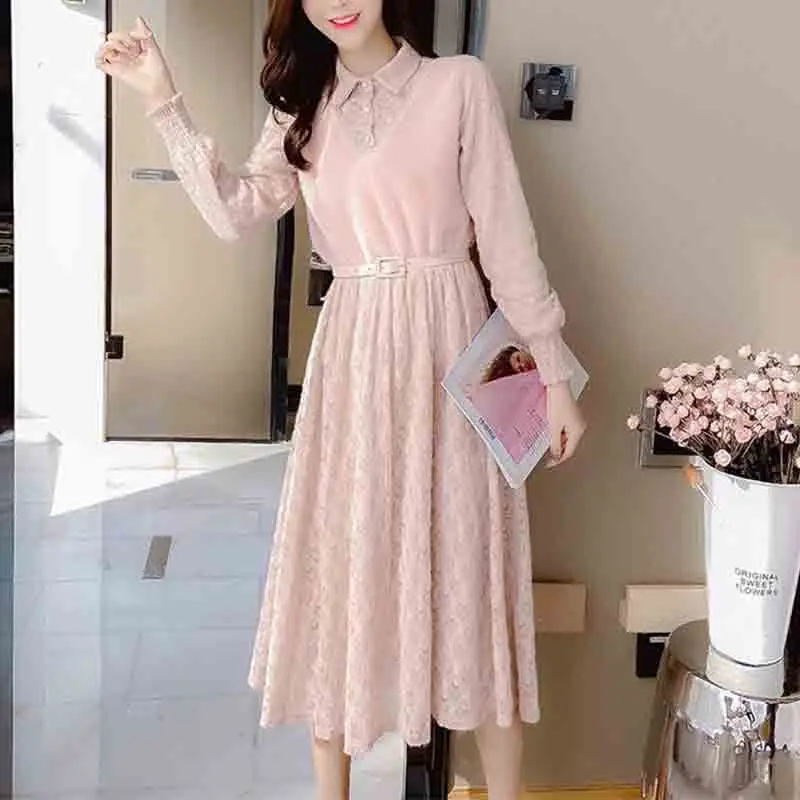 

Sweet Cute Women Fashion Lace Dress Spring Summer Korean Elegant Embroidered Flares Loose Versatile Casual Long Sleeve Dresses