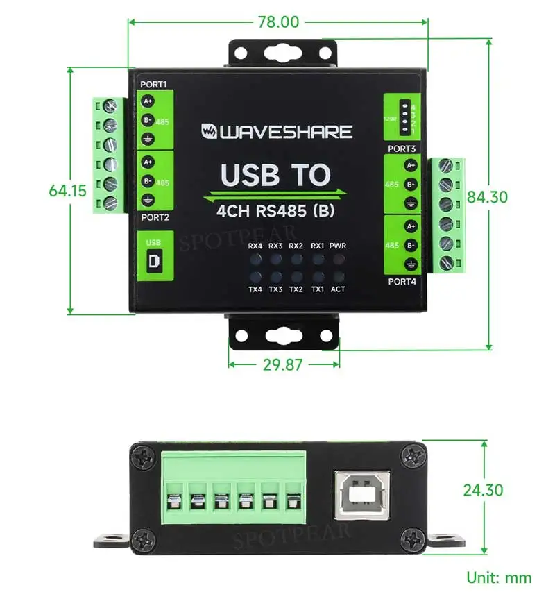 Industrial Isolated USB TO 4CH RS485 (B) Converter UART CH344L Chip Aluminium Alloy Case For Wall/Rail-Mount