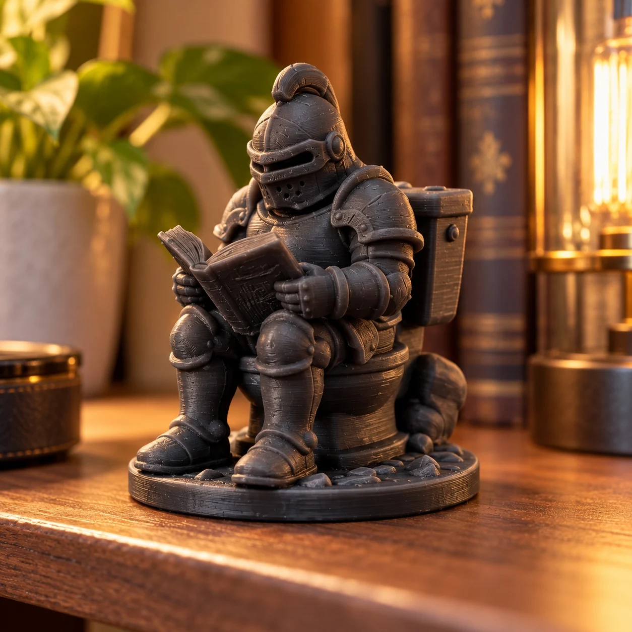 Funny Knight on Toilet Reading Book Figurine, Medieval Armor Statue, Quirky Desk Decor, Novelty Gift for Book Lovers