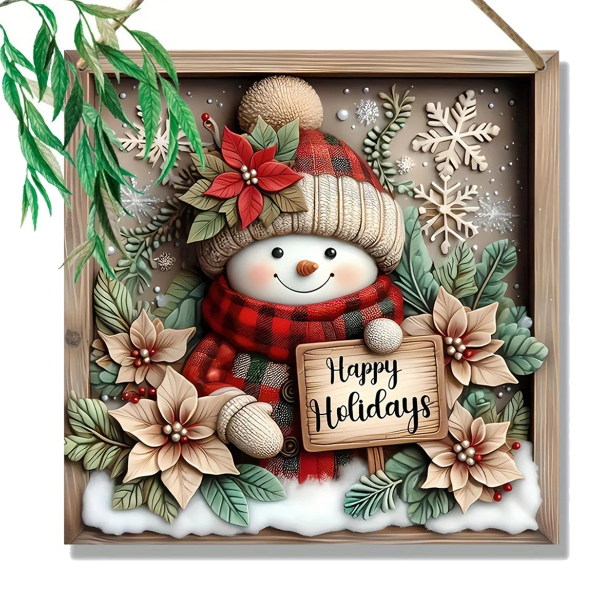 A71P 2D شقة الخشب نحت الثلج المشهد خشبية القنب حبل قلادة الديكور عيد الميلاد مهرجان الديكور