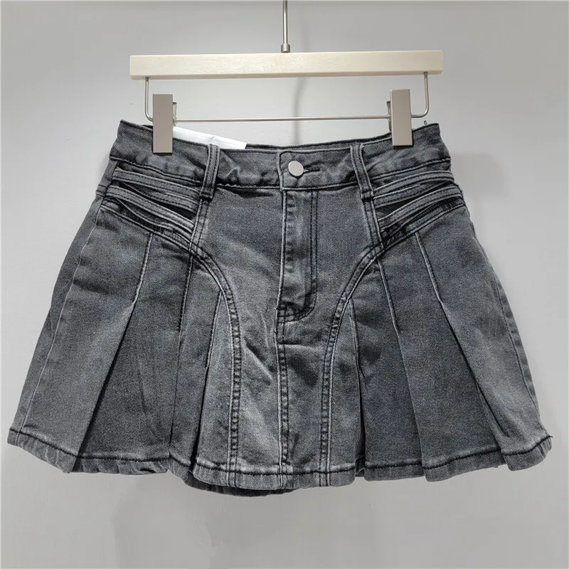 WTHT Nieuwe Mode vrouwen Doen Oude Wassen Denim Mini Rokken 2025, Lente Trendy Hoge Taille A-lijn Rok Vrouwelijke 1LS1229
