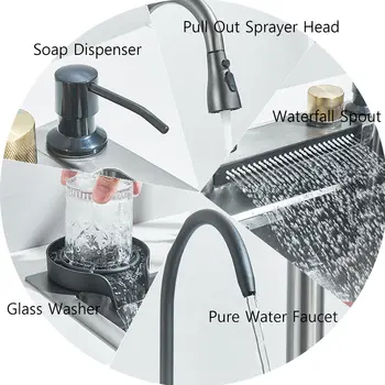 304不鏽鋼瀑布式廚房水槽,大單槽一體成型60X45公分水龍頭套裝,附皂液器/淨水器/杯墊 8 最佳銷售 廚房水槽瀑布 - №5