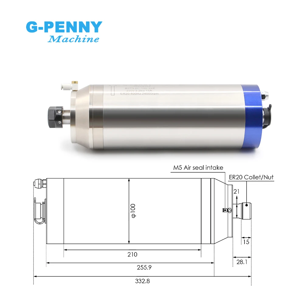 G-penny 3.2kw ER20 Granite Working Spindle Motor Water Cooling Gas Nozzle Bullet Type 220v /380v  4pcs Ceramic Ball Bearings