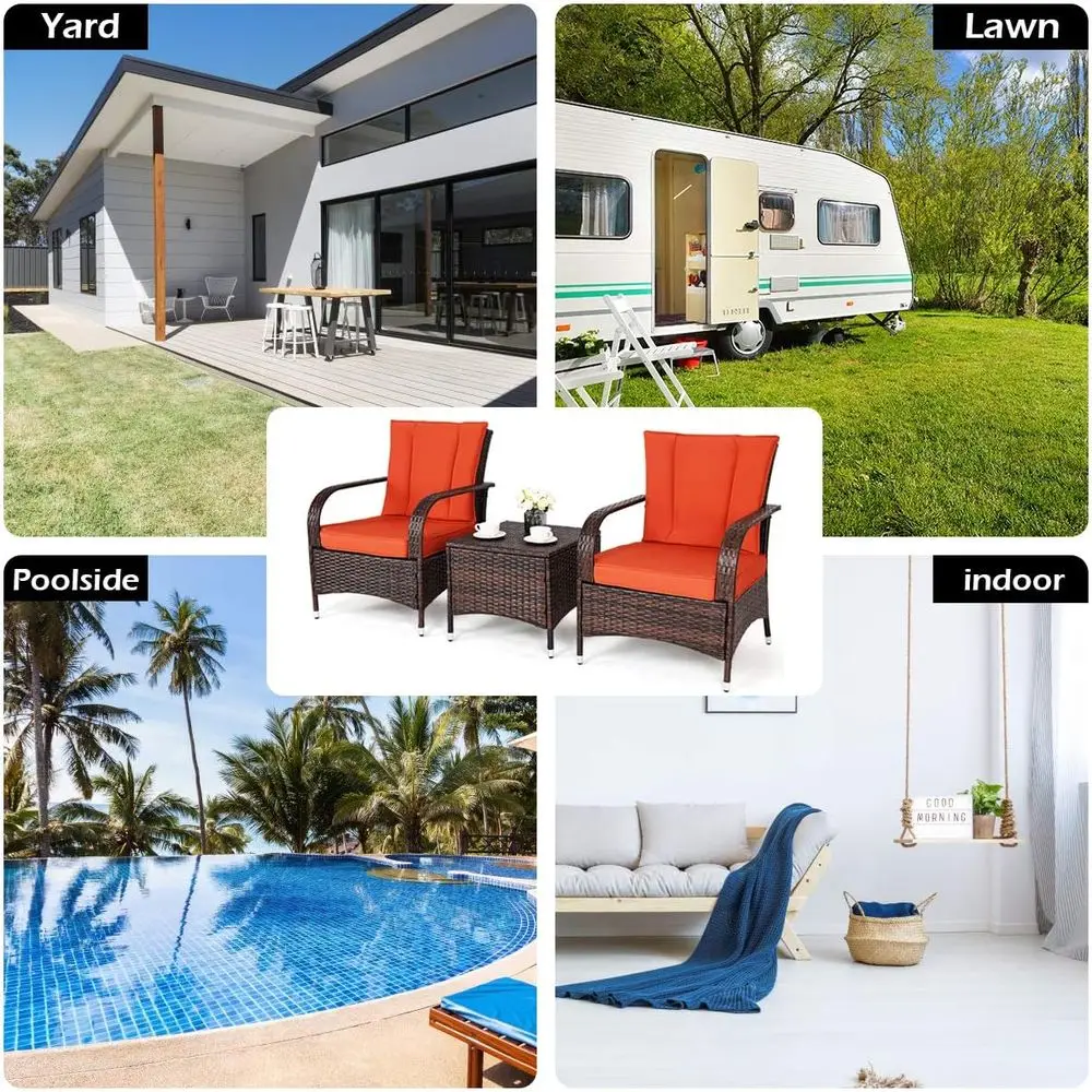 2-Seat Wicker Patio Furniture Set with Glass Coffee Table for Outdoor Garden and Poolside Conversation