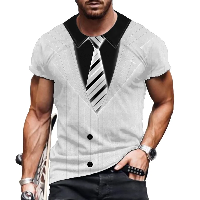 2022 Summer New Men\'s Short Sleeve T-Shirt Fake Suit Streetwear 3D Tank Top Fashion Funny Tuxedo Bow Tie 3D Print Top