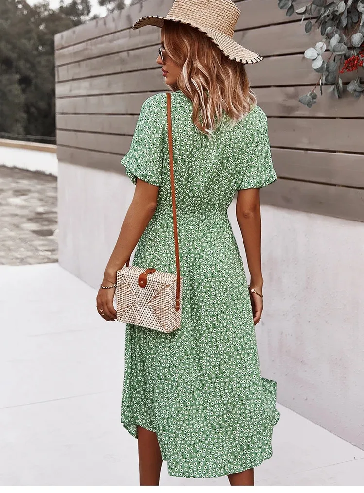 Abito da donna con stampa floreale Abito casual a maniche corte con bottoni Abiti longuette da vacanza con scollo a V femminile Abito Boho Chic da spiaggia Abito elegante ZPFQ