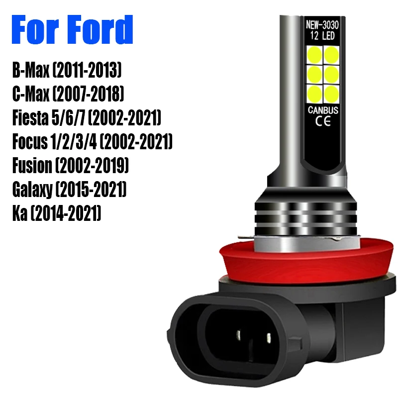 2pcs LED Front Fog Lights Lamps H8 H11 For Ford B-Max C-Max Fiesta 5 6 7 Focus 1 2 3 4 Fusion Galaxy Ka 2014 2015 2016 2017 2018