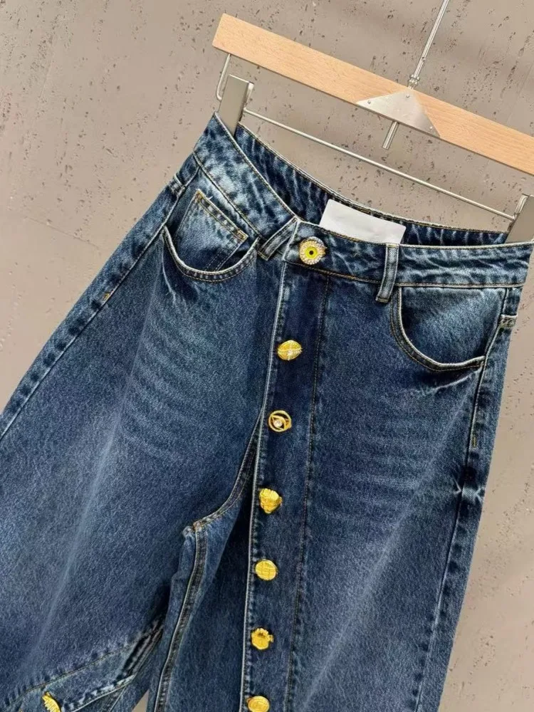 Ladies High Waist Wide Leg Denim Pants Solid Color Pockets Comfortable Trousers Fashion Button Female Straight Jeans