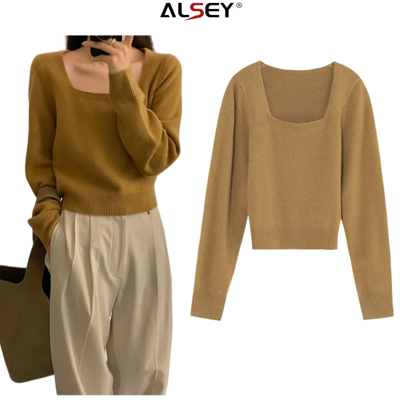 ALSEY Square Neck Women's Wool Sweater High Quality Korean Version Casual Skin-friendly Solid Color Knitted Top 2023 Autumn New