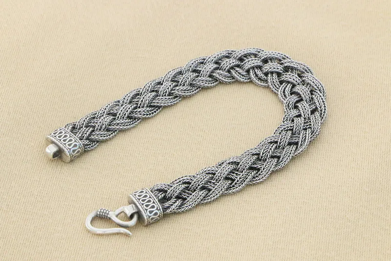 Wide face bracelet s925 silver tassel weave Fried Dough Twists niche fashion personality hip-hop men and women ethnic high-level