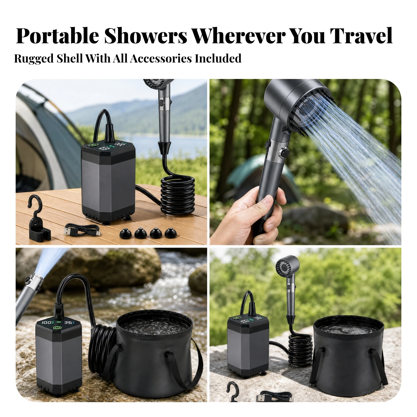 Cordless Portable Shower with Pump Adjustable Water Flow Handheld Shower Head for Camping Trip