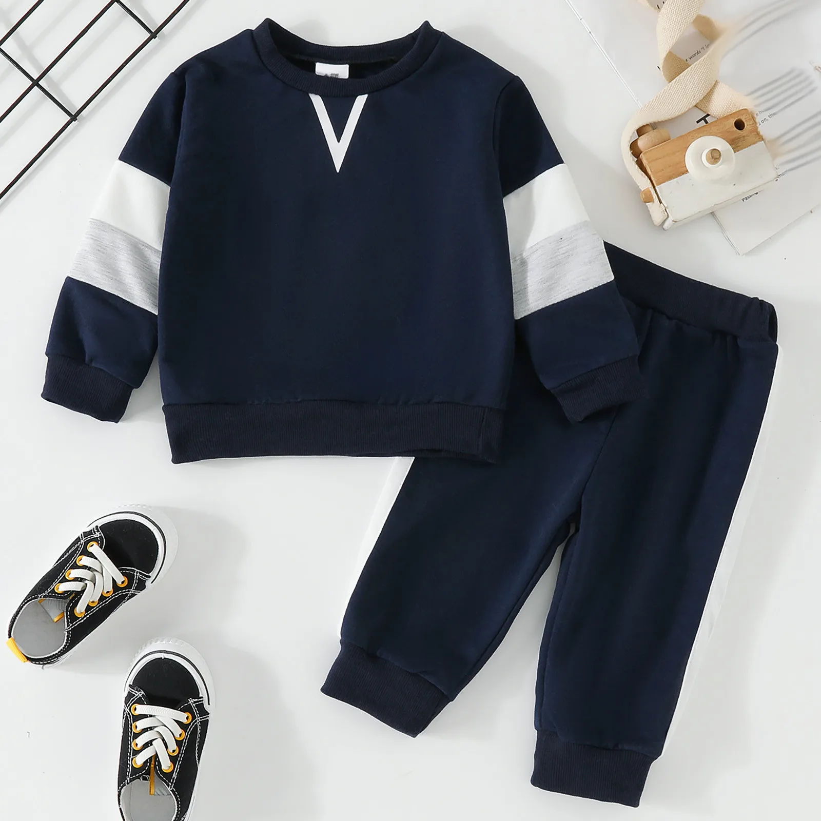 Baby Boy Contrast Colors Pant Sets Spring Autumn Clothes Warm Long Sleeve Sweatshirt and Elastic Sweatpants 2 Piece Track Suit