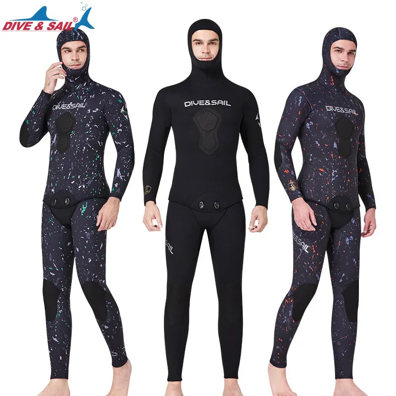 Spearfishing Wetsuits Men 3MM 5MM 7MM Neoprene CR 2-Pieces Hooded Long Sleeve Scuba Diving Full Body Keep Warm Snorkeling Suits