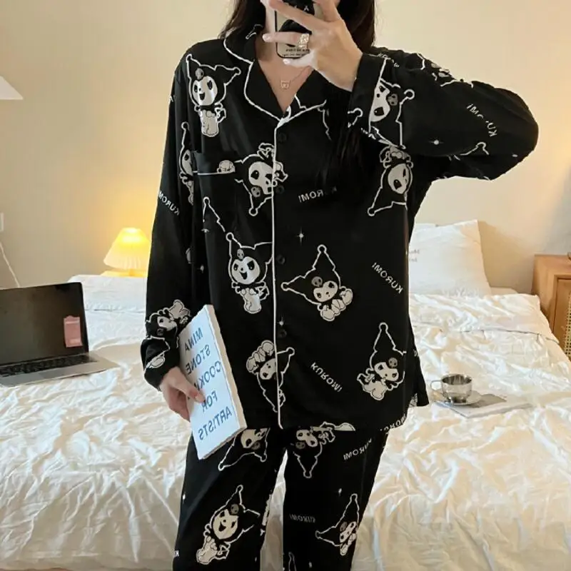 

Sanrio Kuromi женские пижамы Kawaii мультфильм студенческая тонкая версия осень из чистого хлопка с длинными рукавами длинные брюки домашняя одежда костюм новый