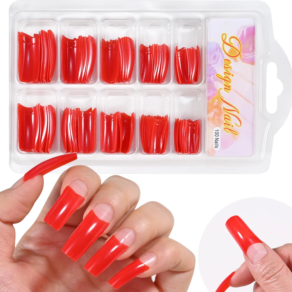 100Pcs/box Long Ballet False Nails Black/Red Reusable Acrylic Press On Nail Tips Wearable Solid Color Artificial Fingernails