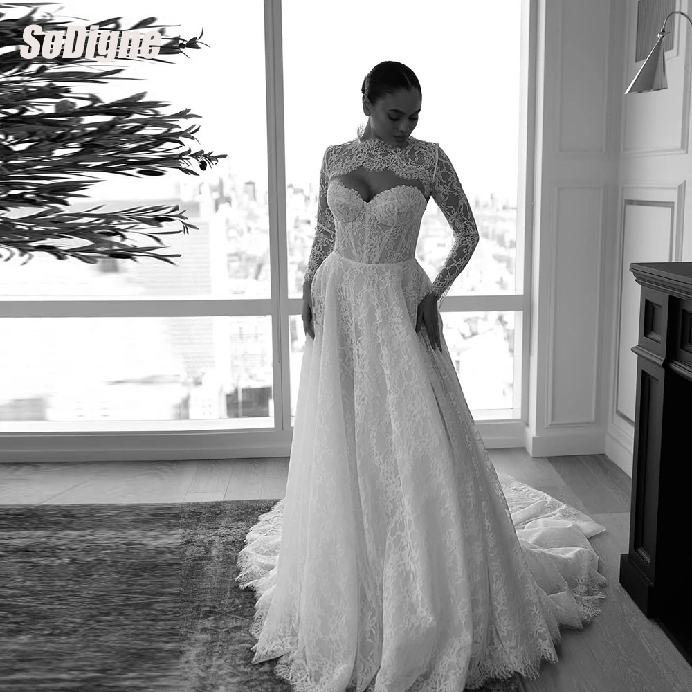  SoDigne A-line Lace Wedding Dresses Sweetheart Bridal Dress with Jacket Boho Long Bride Gown vestidos de novia Customized