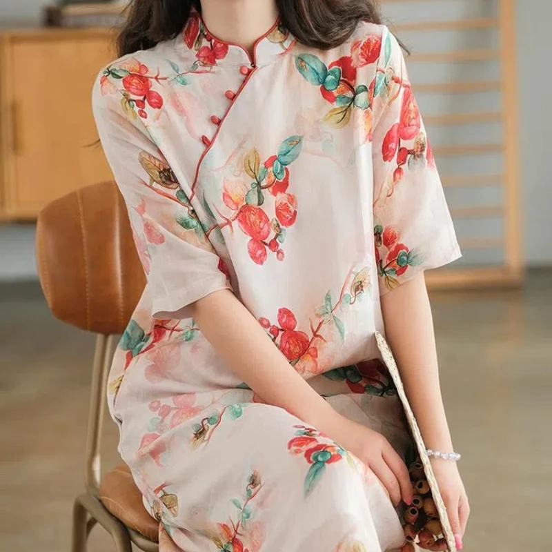 

Модифицированная юбка Cheongsam в китайском стиле, женское хлопковое и льняное платье с воротником-стойкой и пуговицами, летний новый продукт, Cheongsam