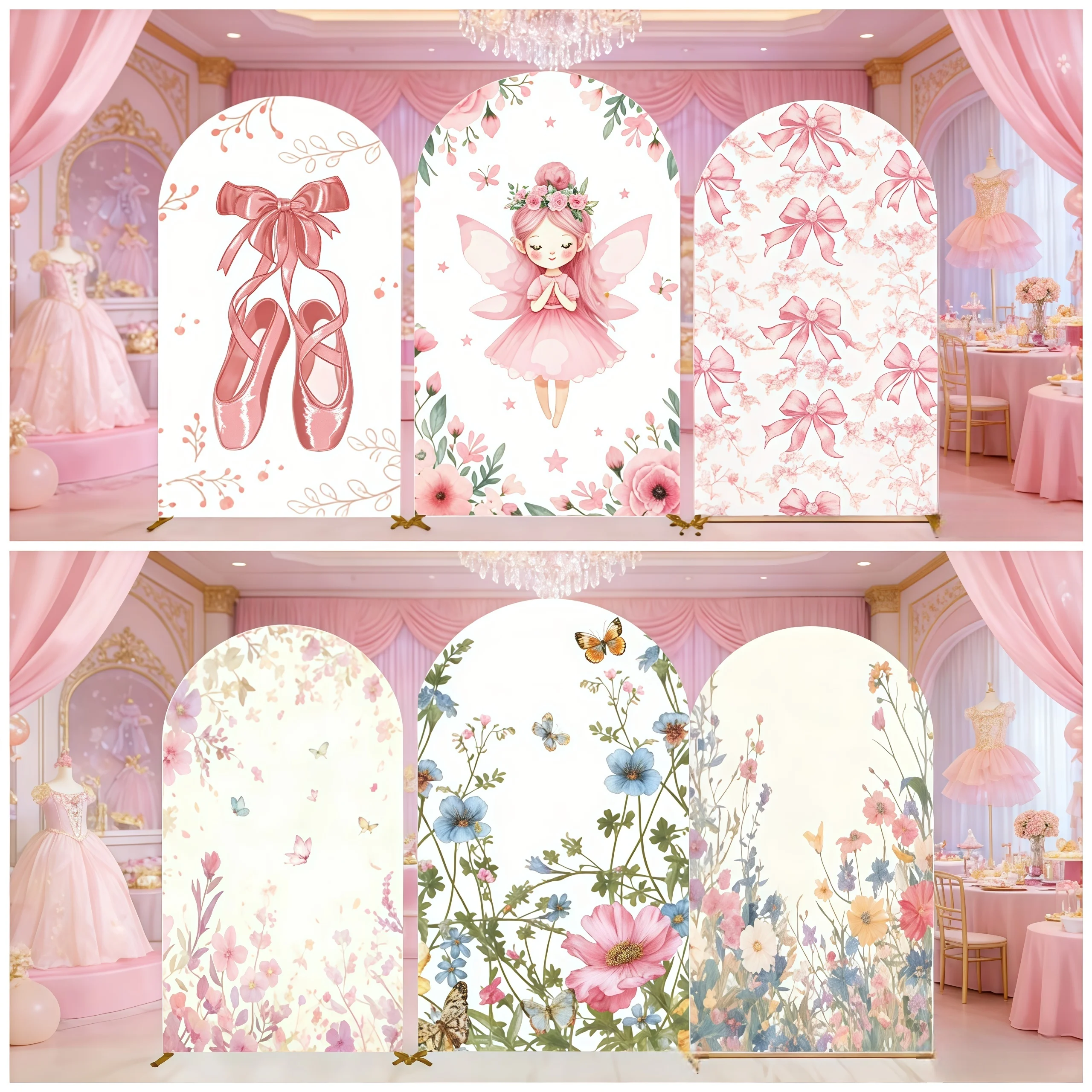 ピンクの妖精の花柄アーチカバー背景幕、バレエシューズのリボン付き、ベビーシャワー、女の子の誕生日パーティー、フォトブースの背景装飾に