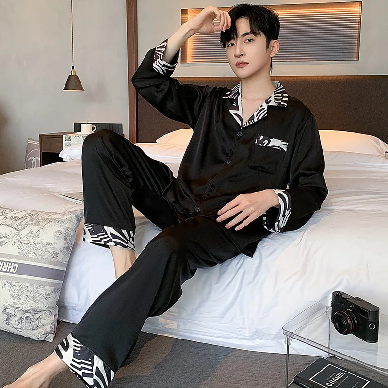 High Quality Men Pajamas Suit Spring Autumn Satin Chiffon Thin Sleepwear Long Sleev Casual Home Clothing Set Outdoor Summer Male