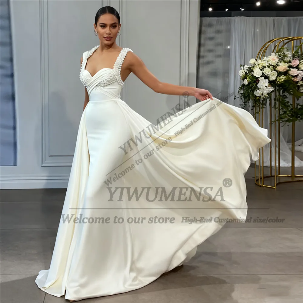 Elegant Pearls Satin Wedding Dresses For Bride Pleated Mermaid Bridal Gowns With Detachable Train Customized Lady Banquet Attire