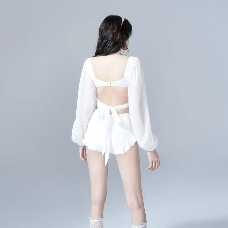 2023 New Summer Fashion V-neck Waist Hollow Open Back Pure Sexy Hot Spring Beach Long Sleeve Sunscreen One Piece Bikini Set