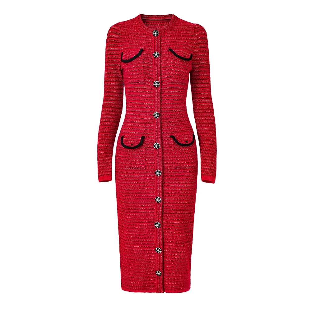 

2024 Spring French Style Chic Gorgeous Design Diamonds Buttons Woven Solid Red & Royal Blue Tweed Women Straight Midi Dress