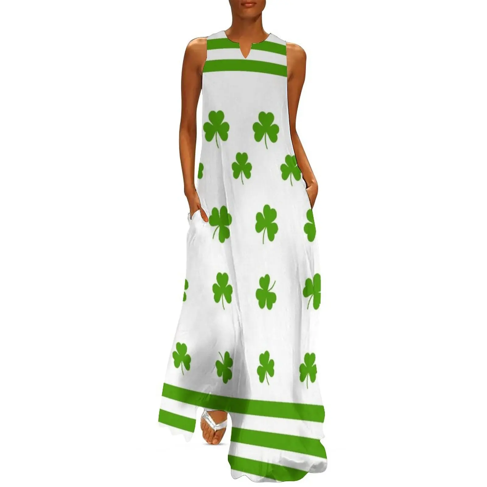 

Green shamrock and stripe Long Dress Summer dresses for women birthday dress for women