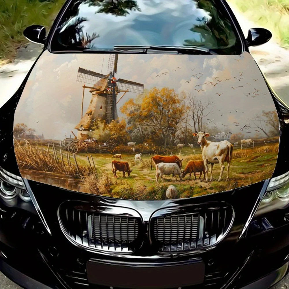 Windmill Cattle and Sheep Sky Car Hood Wrap Color Vinyl Sticker Truck Graphic Bonnet Auto Accessories Decoration Decal Gift