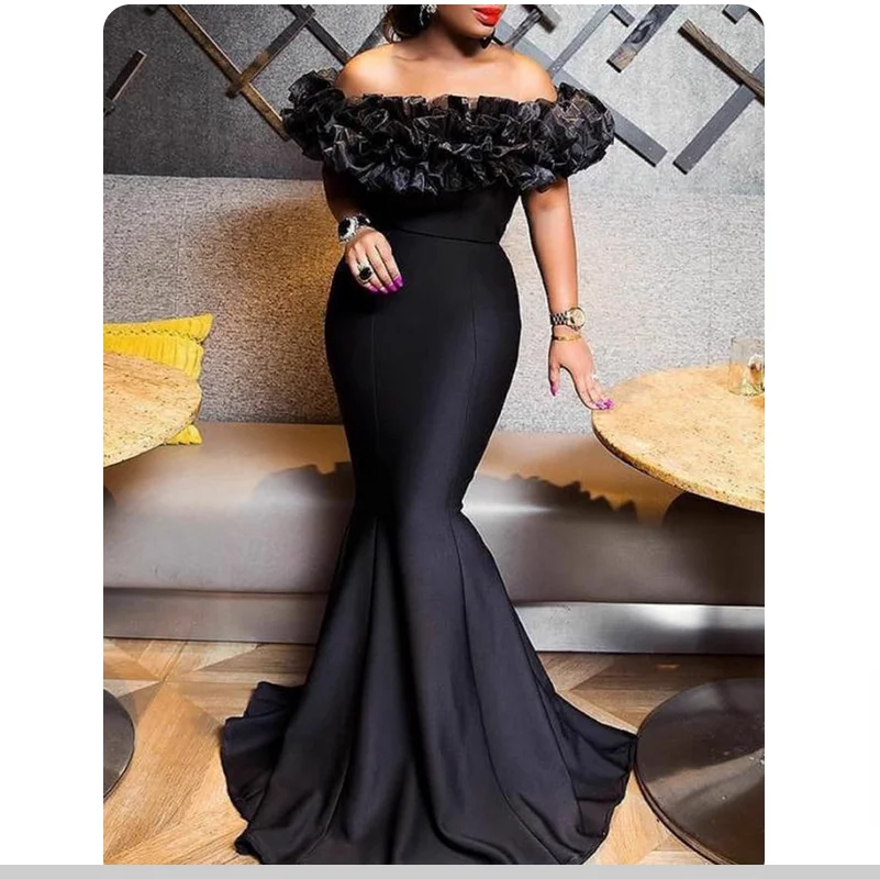 

Plus size Party Dress Women Slim Ruffles Solid Maxi Dress