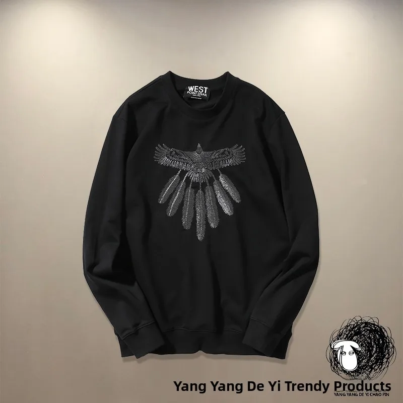 

Модный брендовый молодежный свитшот из чистого хлопка, свободная верхняя одежда для пар, осень-зима, новинка, с вышивкой перьев и пайетками, мужской...