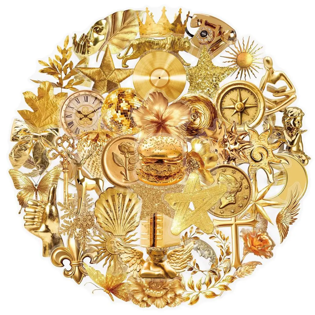 50Pcs Gold Metallic Transparent Stickers Non Repeating Design Waterproof Decals for Phone Case Notebook Cup Giajar Sticker Store