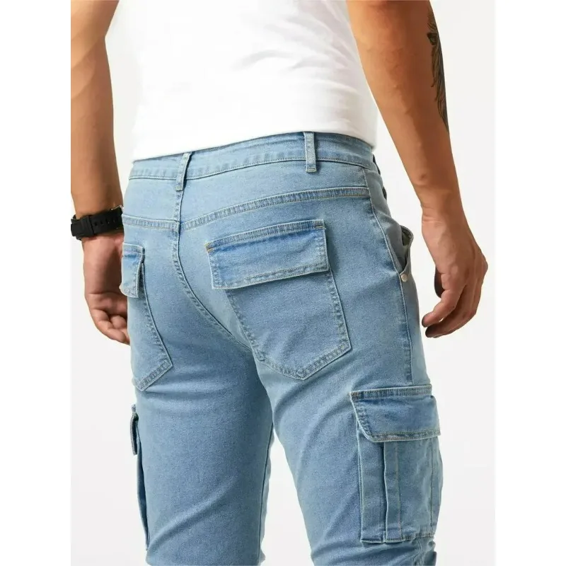 Street Elastic Jeans Men Denim Cargo Pants Wash Solid Color Multi Pockets Casual Mid Waist Trousers Slim Fit Daily Wear Joggers