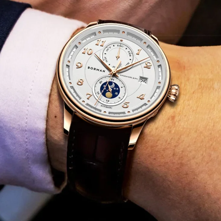 BORMAN Orologio automatico da uomo 41 mm Orologio da polso meccanico 50 m Impermeabile Zaffiro Multi-quadrante Mese Settimana Data