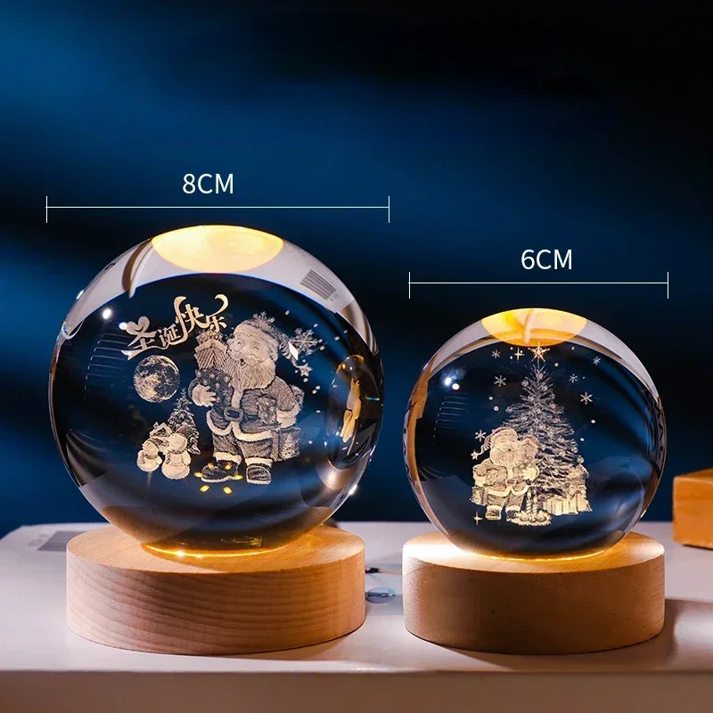 6/8cm 3D Xmas Crystal Ball USB LED Night Light with Wooden Base Santa Claus Elk Snowflake Christmas Birthday Gift Desktop Decor