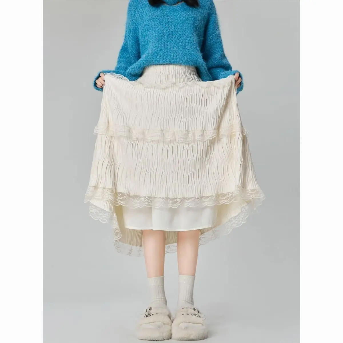 กระโปรงผ้าไหมลายลูกไม้สำหรับผู้หญิง สไตล์ฤดูใบไม้ร่วงและฤดูหนาวแบบอ่อนโยน กระโปรงทรงเค้กสไตล์นางฟ้า เอวสูงแบบยางยืด กระโปรงทรงเอ ยาว