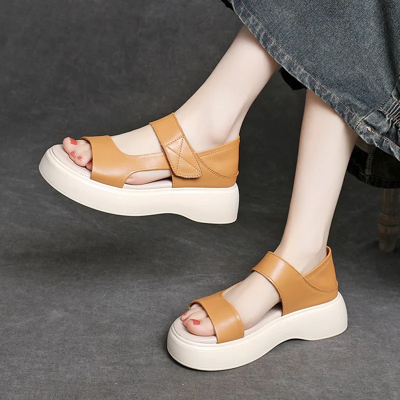

First Layer Cowhide Platform Sandals Women's New Summer Open-toed Beach Shoes Soft-soled Non-slip Cool Slippers