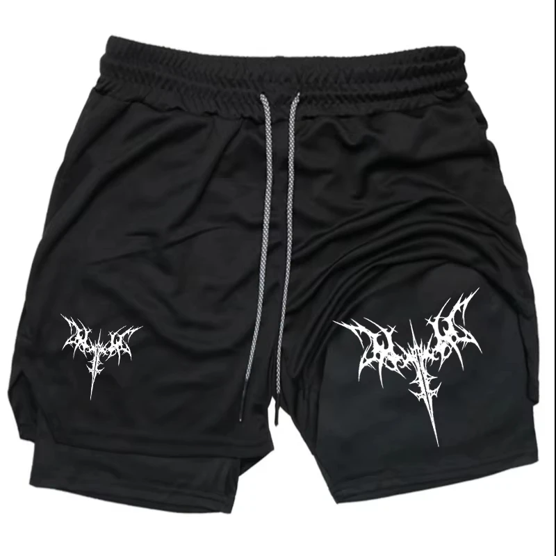 

Men's athletic breathable quick-dry training shorts with devil smile print, 2-in-1 performance shorts DF0035