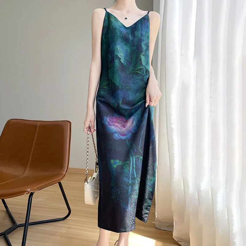 Satin Chinese Jacquard Strap French Dress 2025 Summer New Style Slimming Long Dress with Chinese Style Strap Skirt